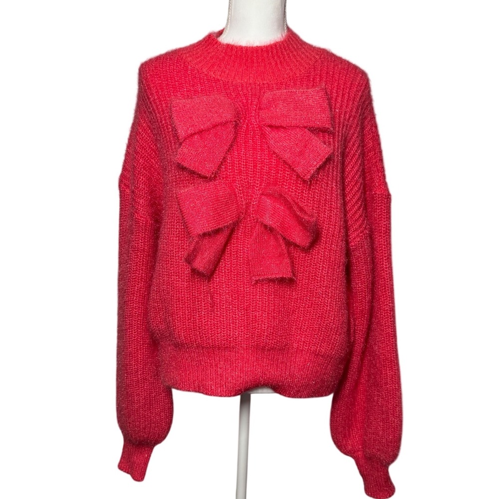 &merci Jingle Day Sweater M Pink NEW Bow Front Fuzzy Knit Mock Neck